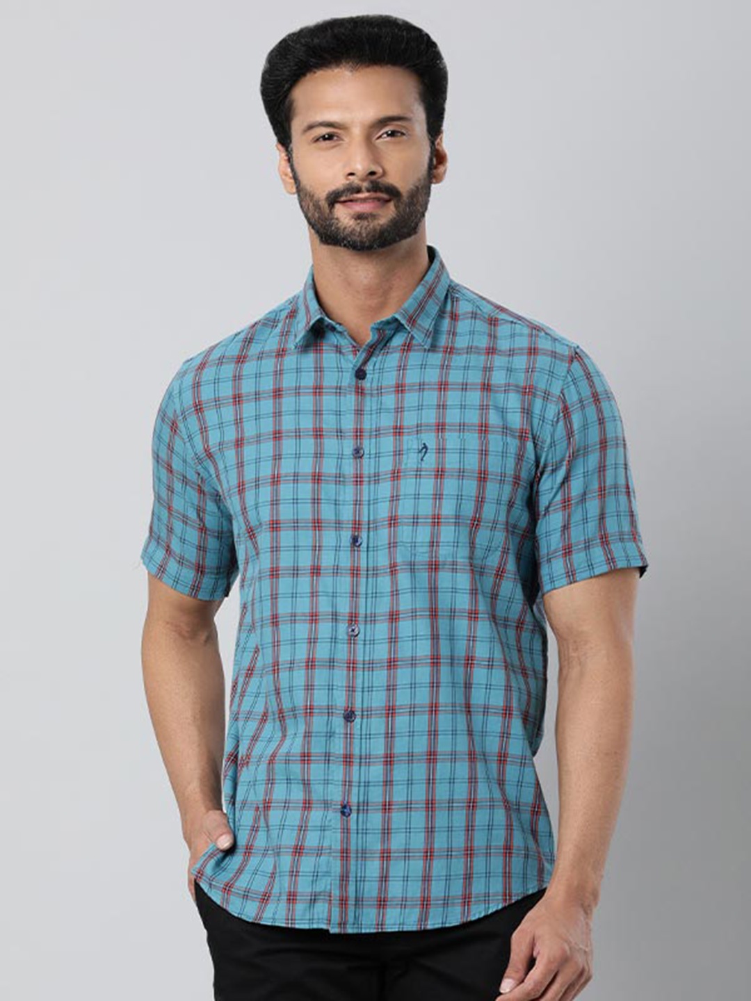 

Indian Terrain Tartan Checks Spread Collar Chest Pocket Half Sleeves Cotton Casual Shirt, Blue