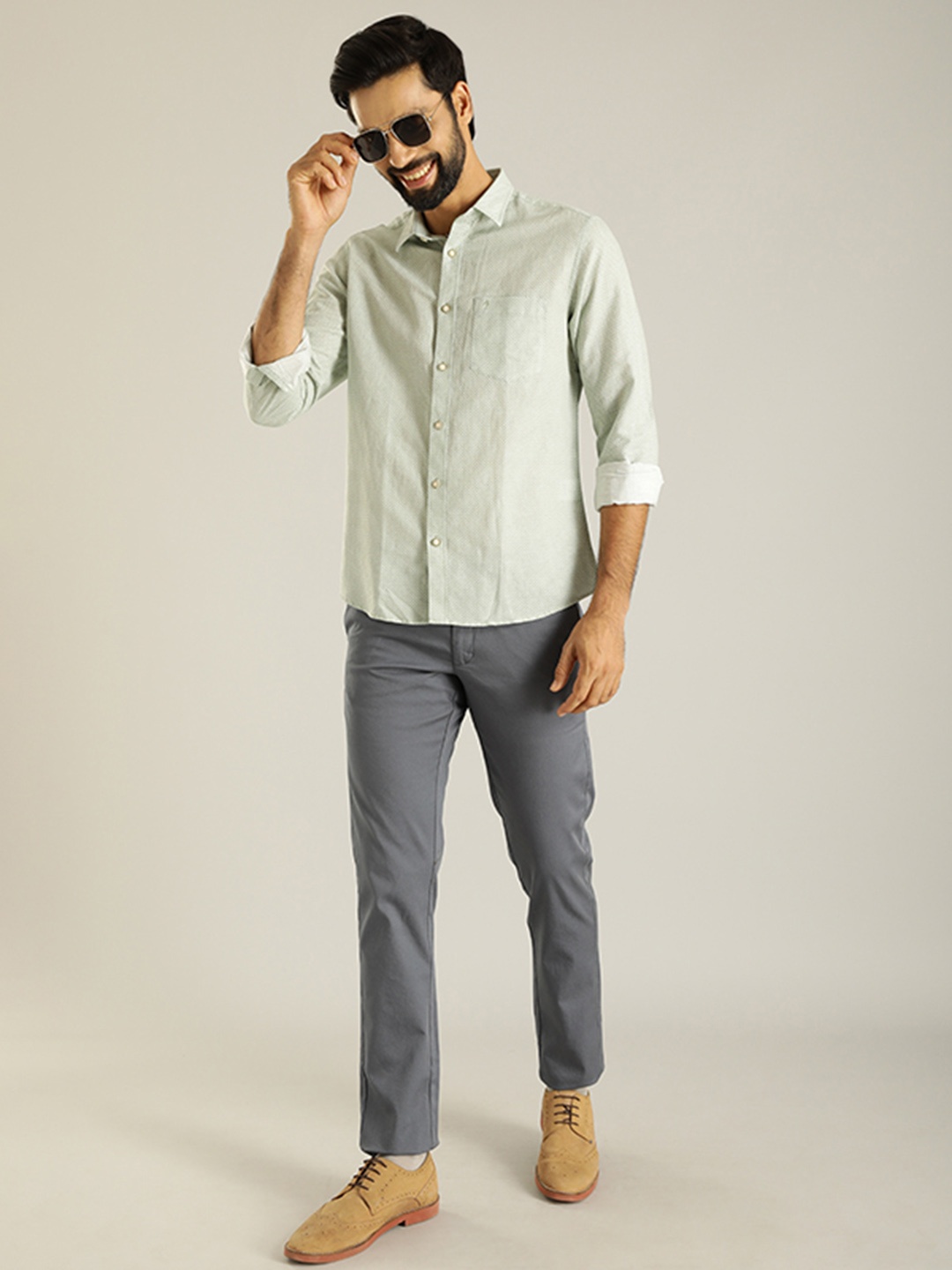 

Indian Terrain Geometric Printed Spread Collar Opaque Casual Shirt, Green