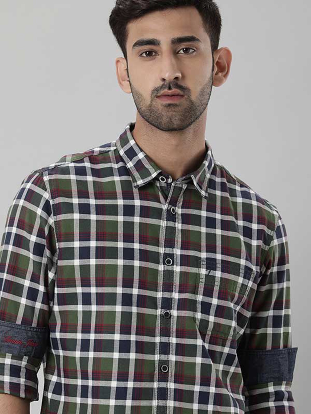 

Indian Terrain Slim Fit Tartan Checks Spread Collar Cotton Casual Shirt, Green