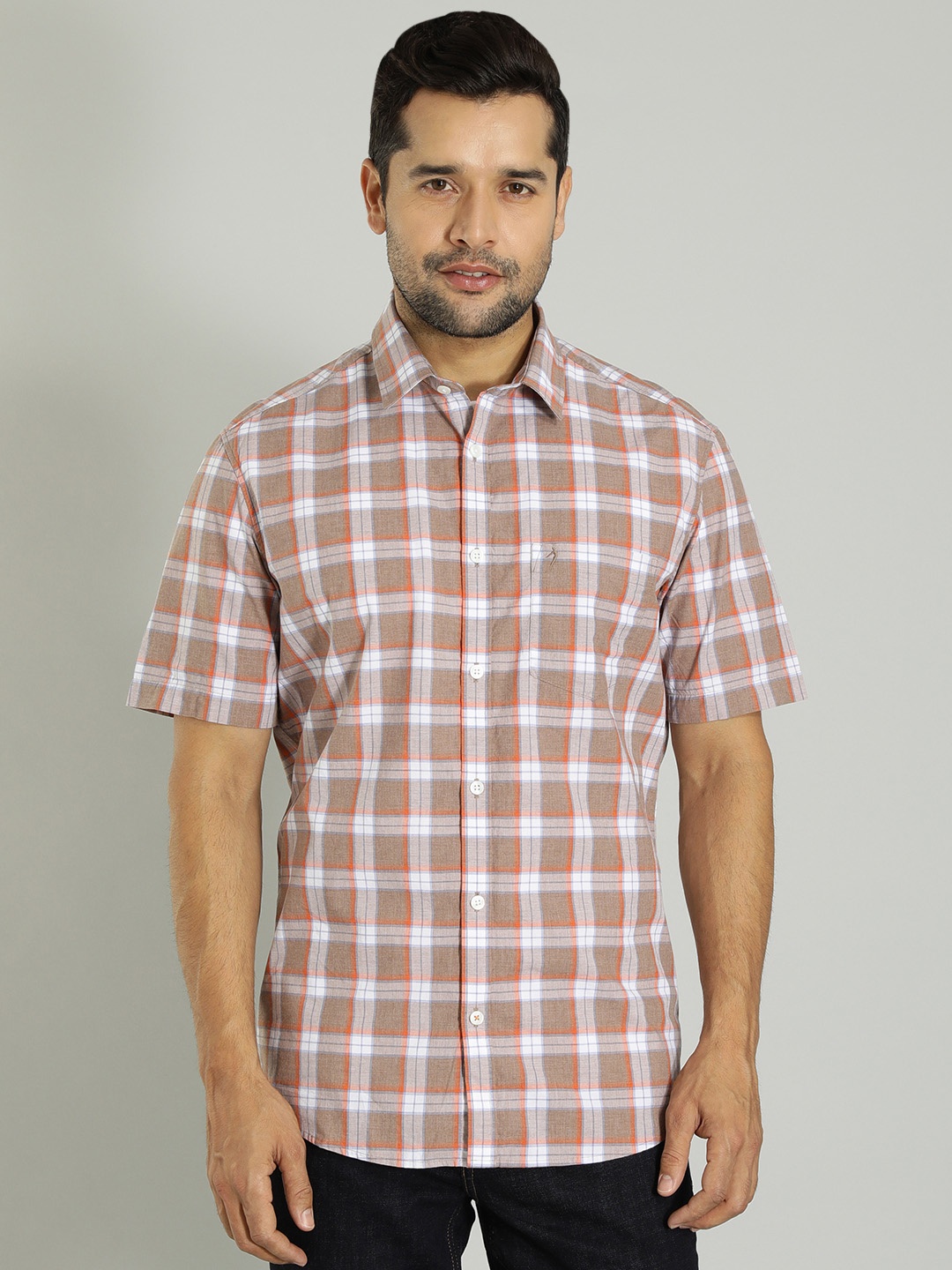 

Indian Terrain Tartan Checks Spread Collar Cotton Casual Shirt, Brown