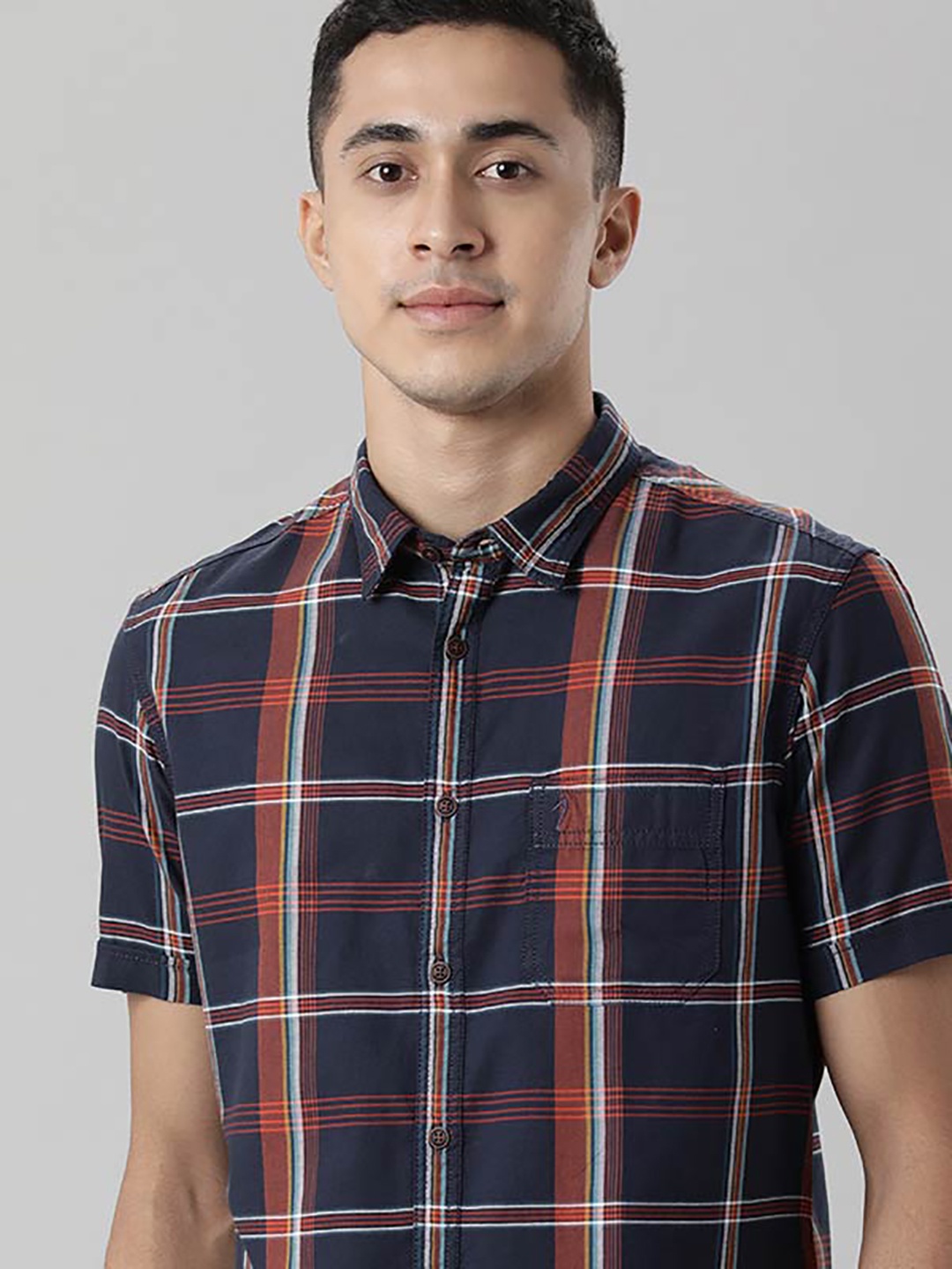 

Indian Terrain Slim Fit Tartan Checks Cotton Casual Shirt, Navy blue