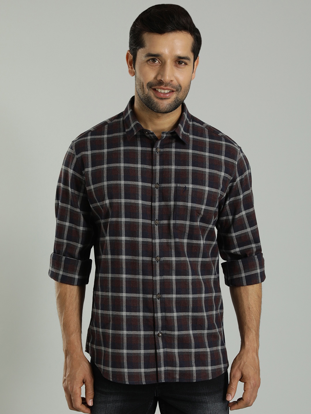 

Indian Terrain Tartan Checks Spread Collar Cotton Casual Shirt, Brown