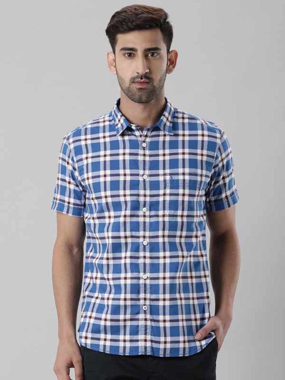 

Indian Terrain Tartan Checks Spread Collar Cotton Slim Fit Casual Shirt, Blue