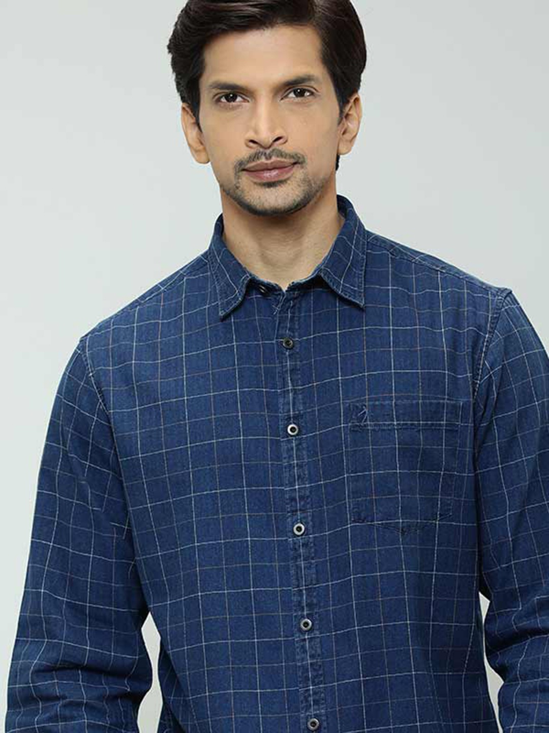 

Indian Terrain Grid Tattersall Checks Spread Collar Cotton Casual Shirt, Navy blue