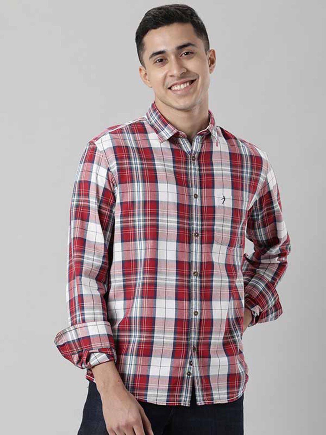 

Indian Terrain Tartan Checks Spread Collar Cotton Casual Shirt, Red