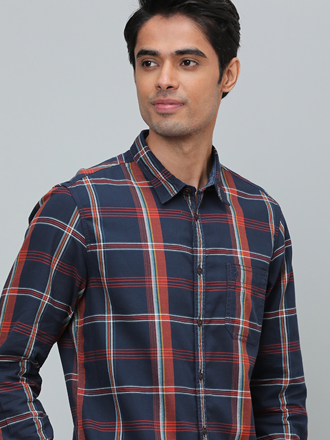 

Indian Terrain Slim Fit Tartan Checked Pure Cotton Casual Shirt, Navy blue