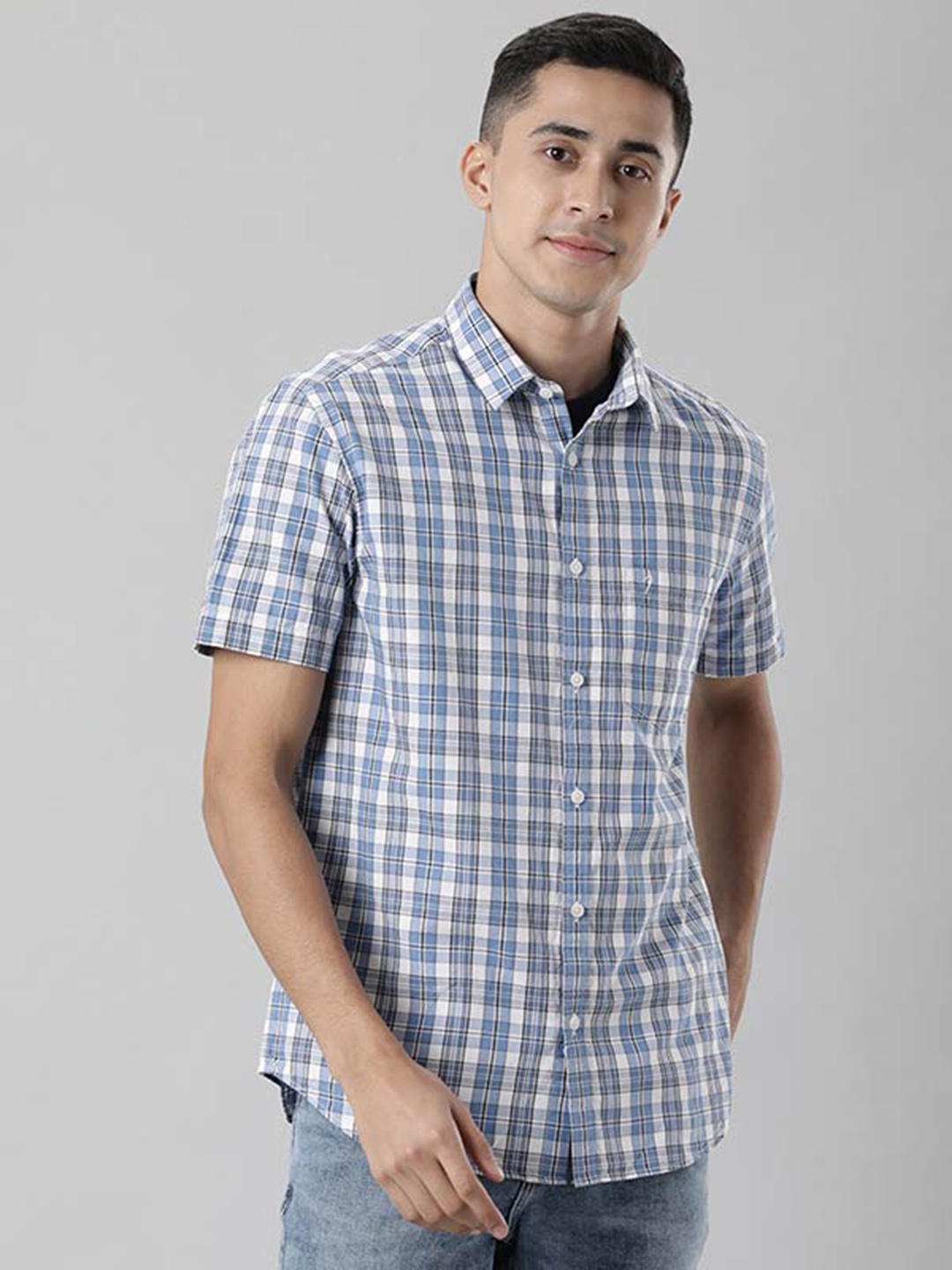 

Indian Terrain Tartan Checked Spread Collar Casual Shirt, Blue