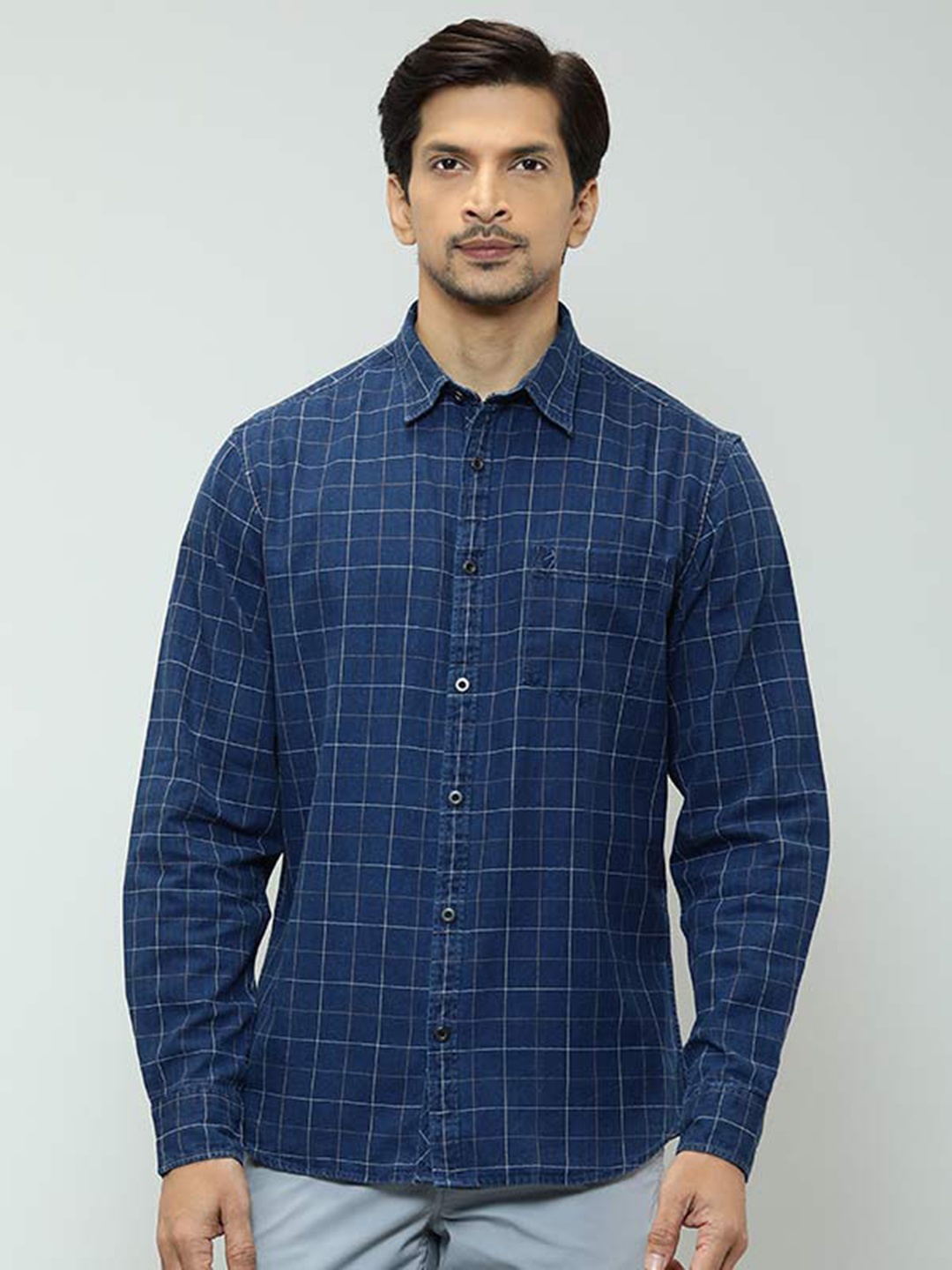 

Indian Terrain Grid Tattersall Checked Pure Cotton Casual Shirt, Navy blue
