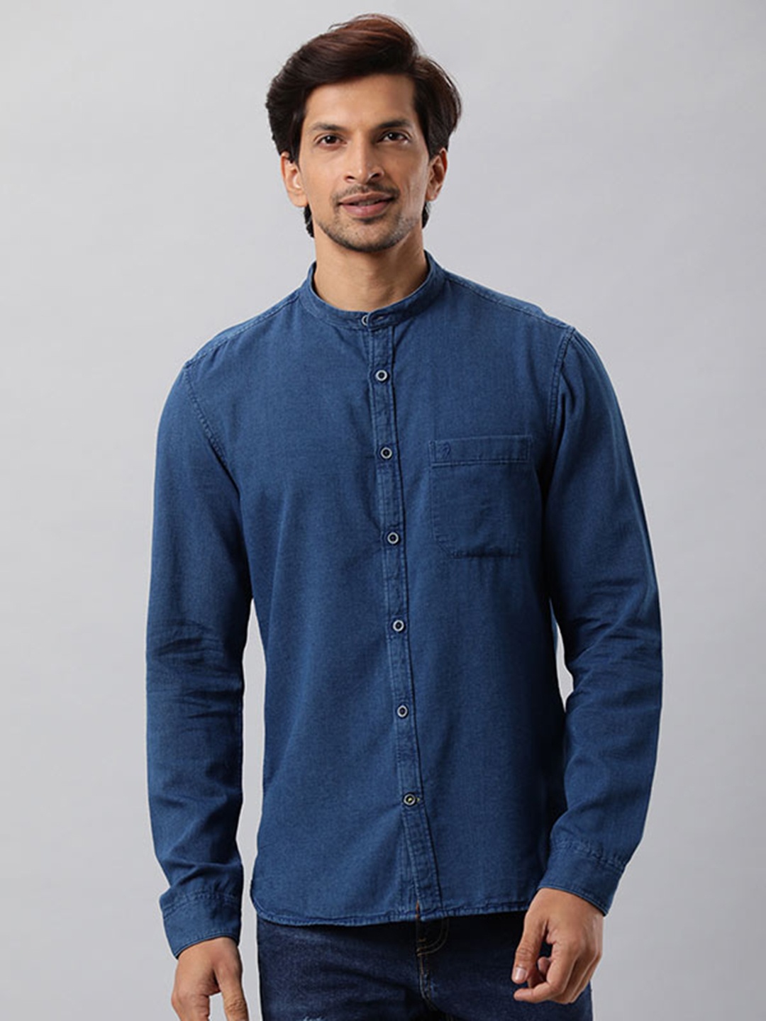 

Indian Terrain Slim Fit Mandarin Collar Pure Cotton Casual Shirt, Navy blue