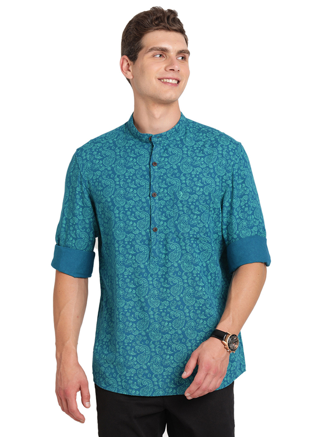 

Indian Terrain Paisley Printed Mandarin Collar Pure Cotton Casual Shirt, Turquoise blue