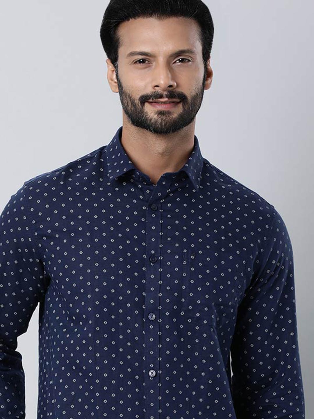 

Indian Terrain Micro Ditsy Printed Linen Cotton Casual Shirt, Navy blue