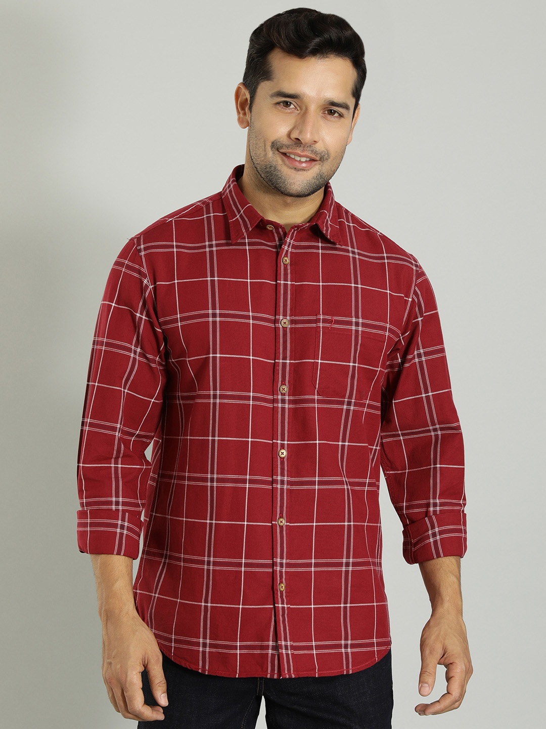 

Indian Terrain Windowpane Checked Pure Cotton Casual Shirt, Red