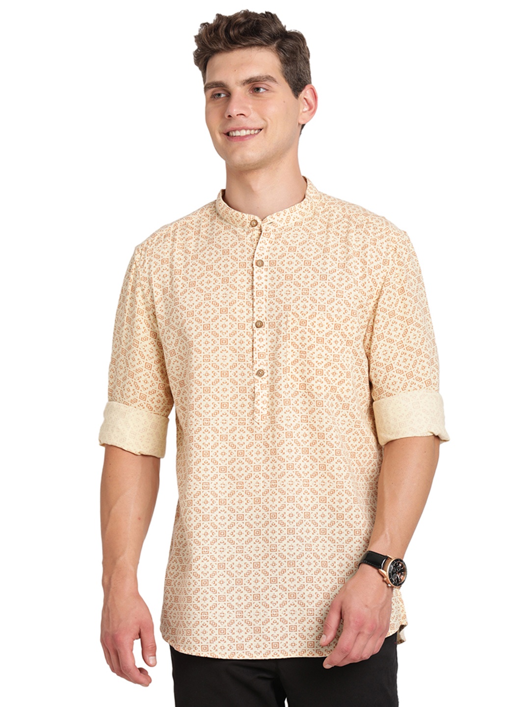 

Indian Terrain Ethnic Motifs Printed Mandarin Collar Cotton Shirt, Beige