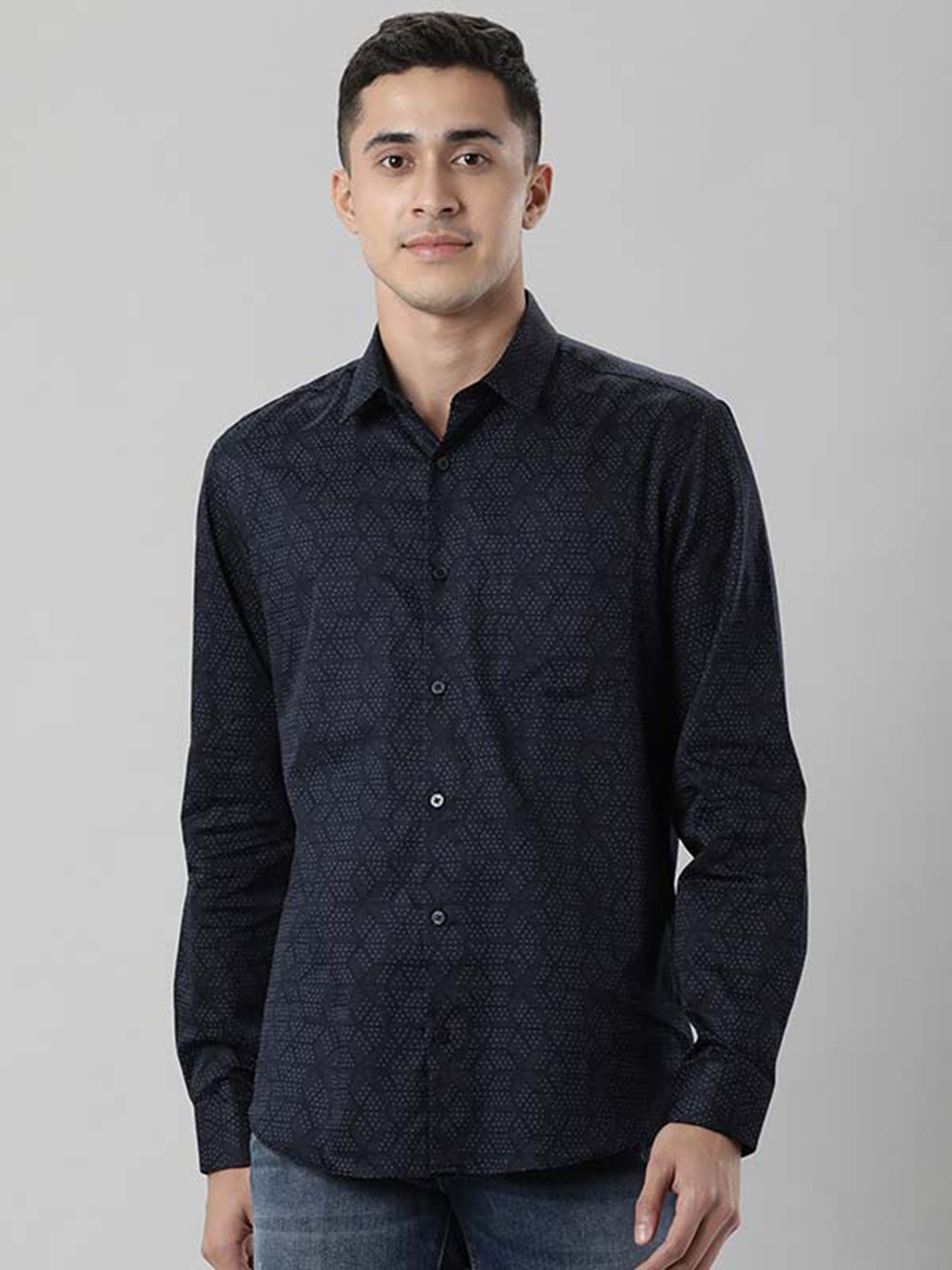 

Indian Terrain Micro Ditsy Printed Cotton Shirt, Navy blue