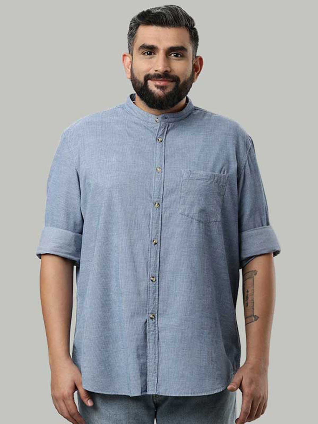 

Indian Terrain Band Collar Pure Cotton Casual Shirt, Blue