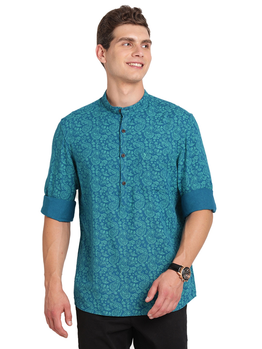 

Indian Terrain Floral Printed Mandarin Collar Pure Cotton Casual Shirt, Blue