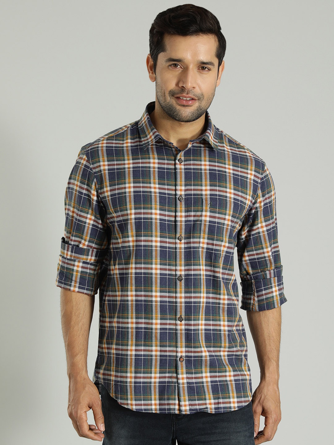 

Indian Terrain Tartan Checked Pure Cotton Casual Shirt, Navy blue