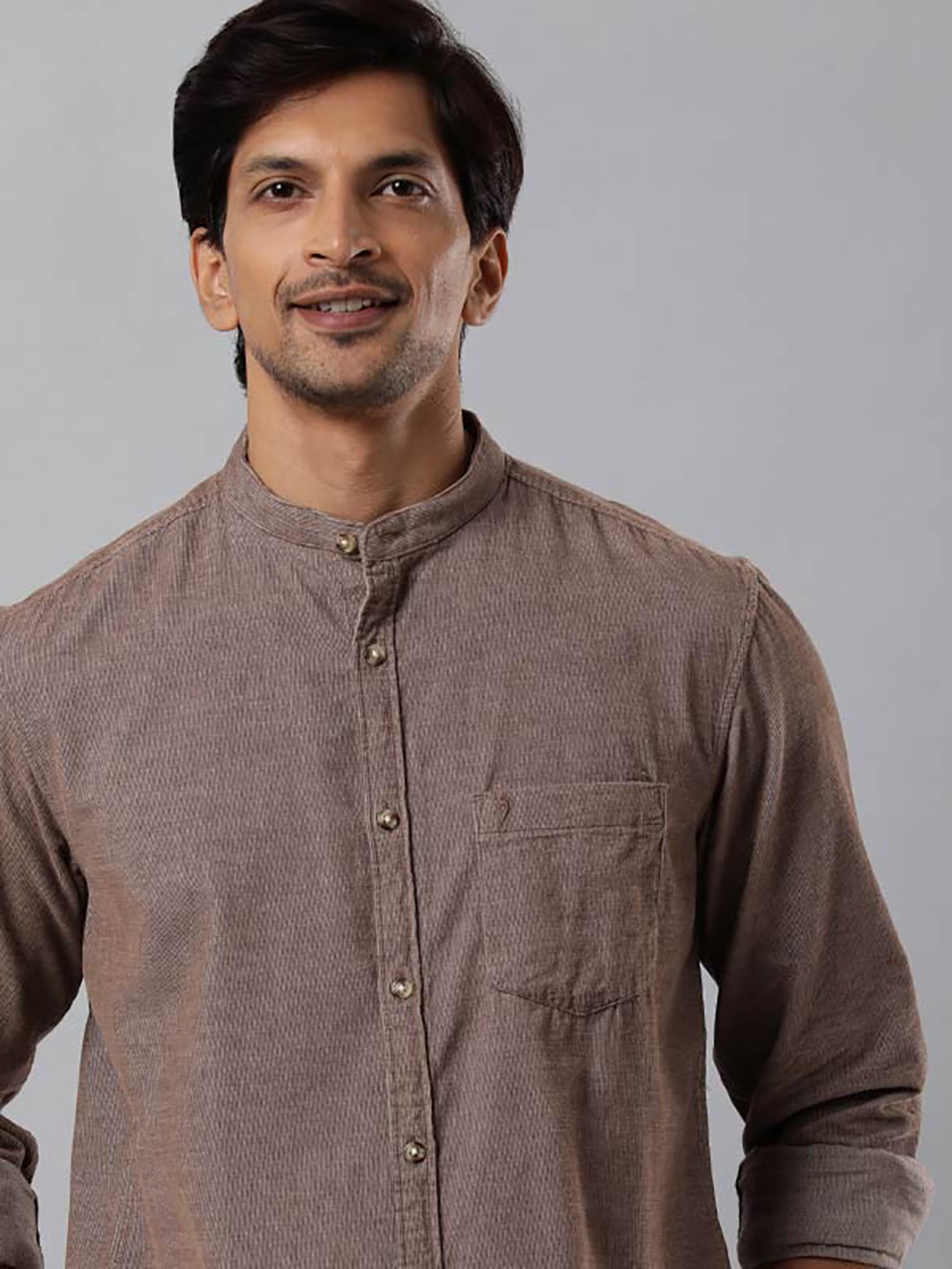 

Indian Terrain Mandarin Collar Pure Cotton Casual Shirt, Brown
