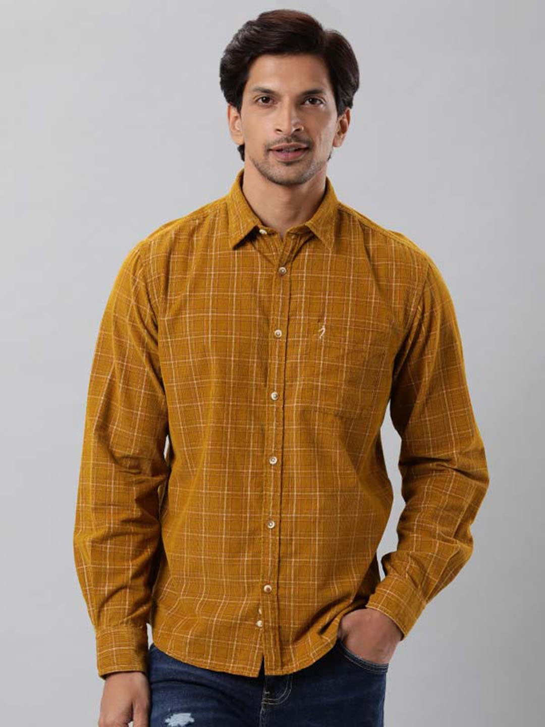 

Indian Terrain Checked Spread Collar Long Sleeves Cotton Casual Shirt, Orange