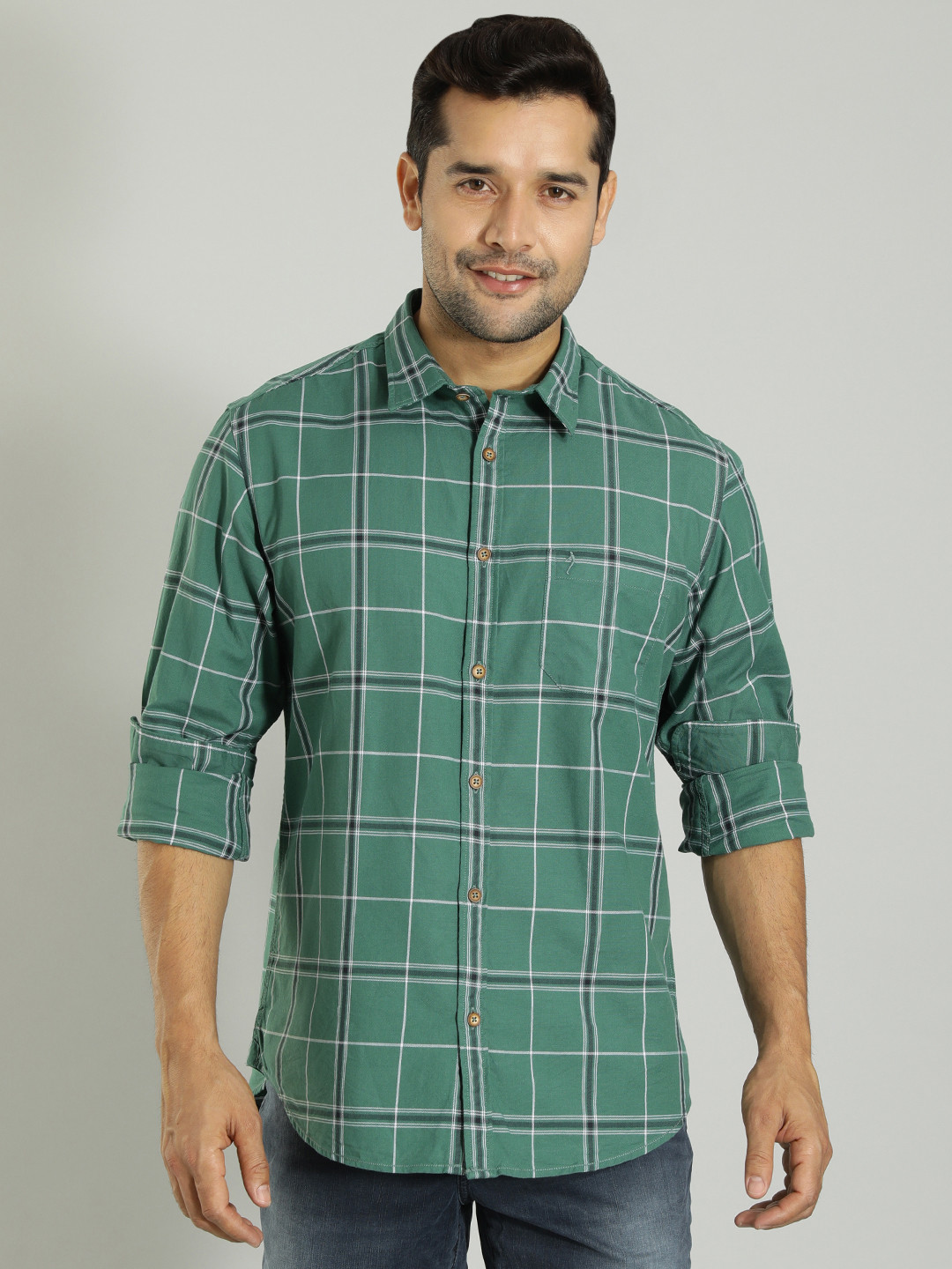 

Indian Terrain Tartan Checked Pure Cotton Casual Shirt, Green