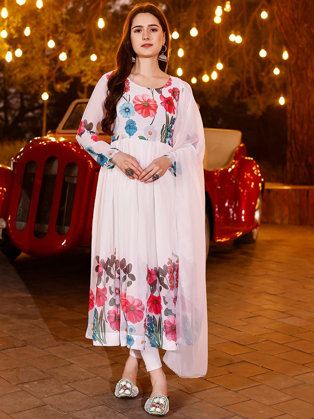 

Kedar Fab Floral Printed Round Neck Pleated Anarkali Kurta With Dupatta, White