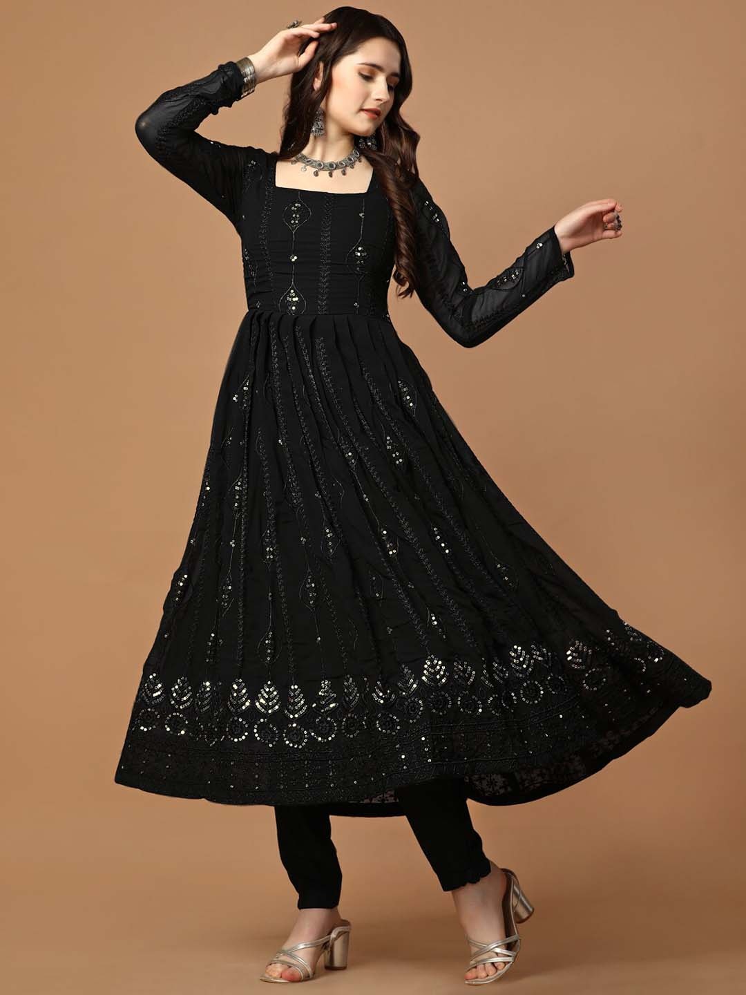 

Kedar Fab Ethnic Motifs Embroidered Thread Work Anarkali Kurta Kurta Dupatta, Black