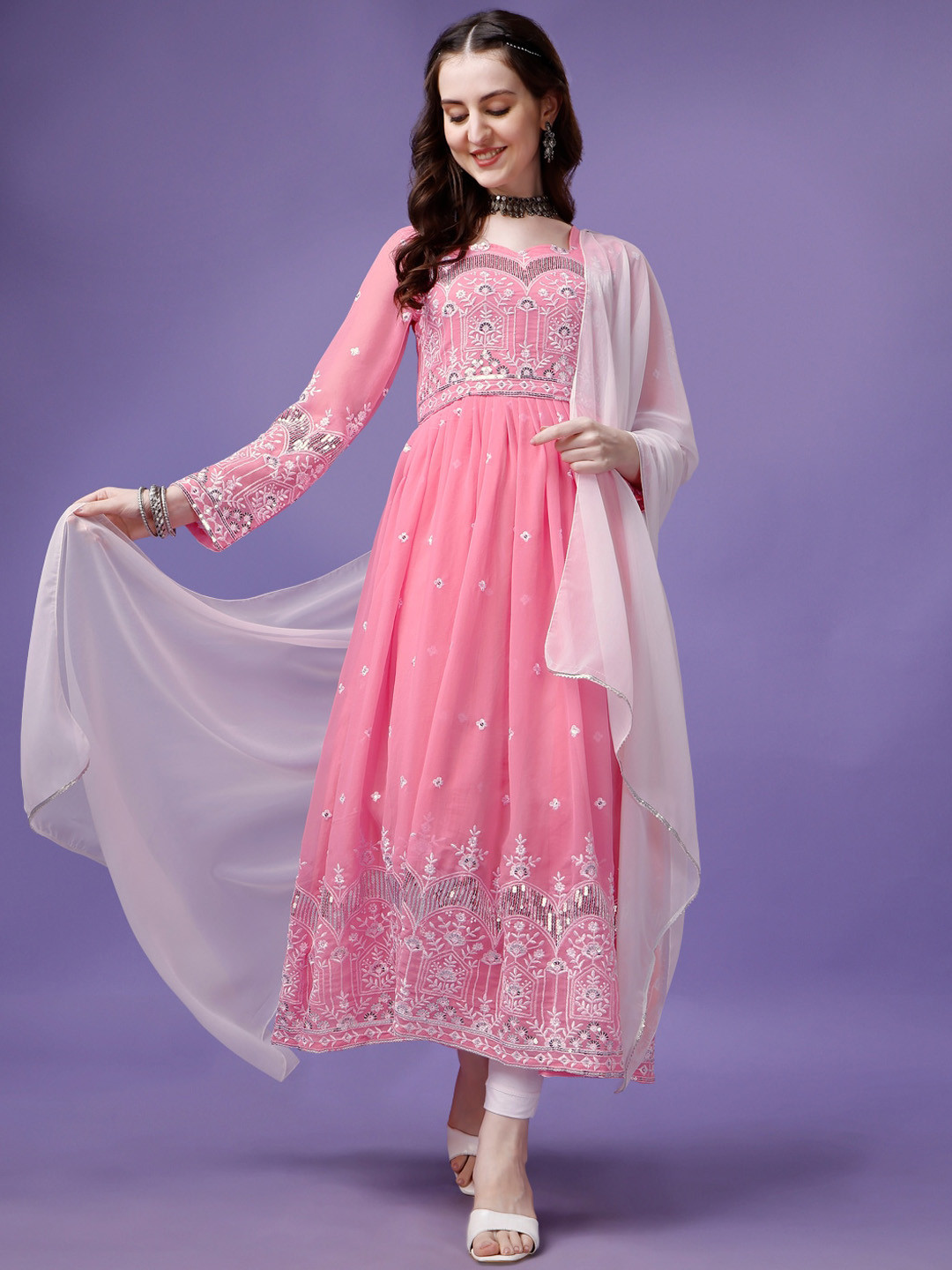 

Kedar Fab Ethnic Motifs Embroidered Zari Georgette Anarkali Kurta With Dupatta, Pink