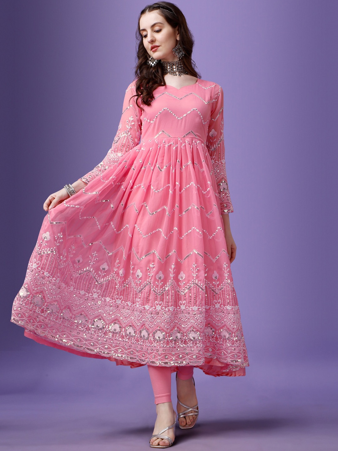 

Kedar Fab Beads and Stones Embellished Pleated Anarkali Kurta With Dupatta, Pink
