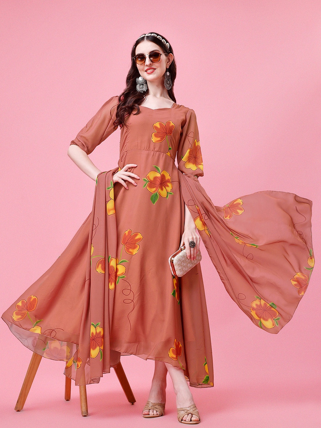 

Kedar Fab Floral Printed Georgette Anarkali Kurta With Dupatta, Beige