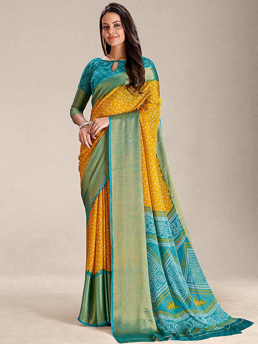 

KALINI Bandhani Printed Zari Silk Cotton Paithani Saree, Mustard