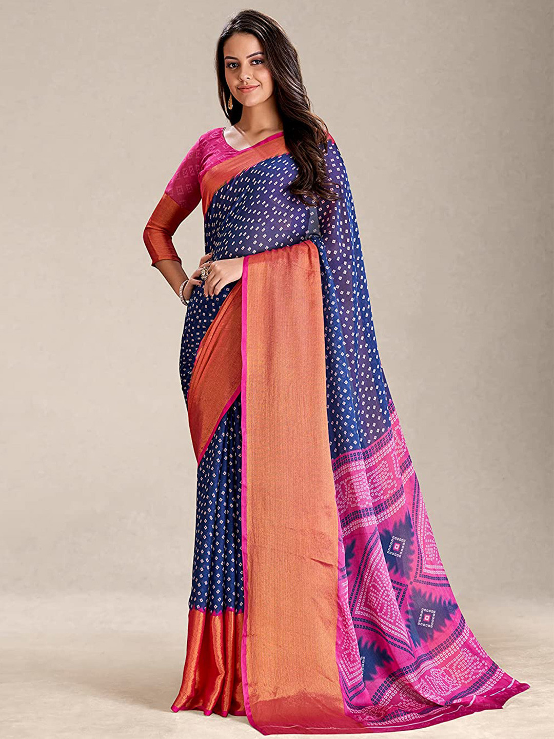 

KALINI Bandhani Printed Zari Silk Cotton Saree, Blue