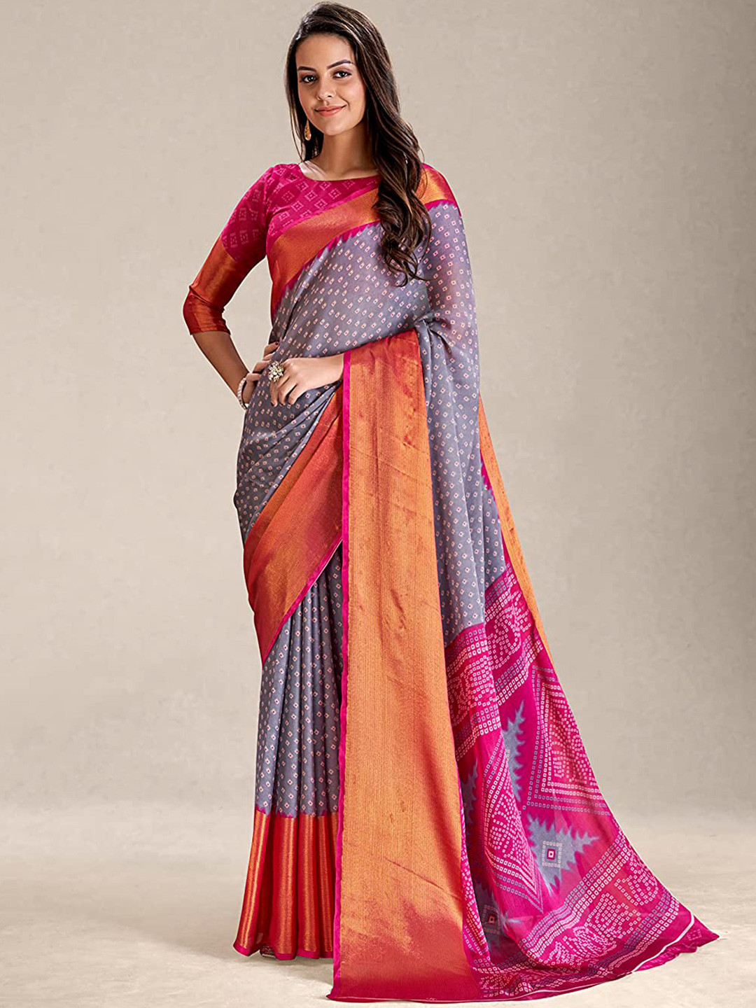 

KALINI Bandhani Printed Zari Silk Cotton Bandhani Saree, Grey