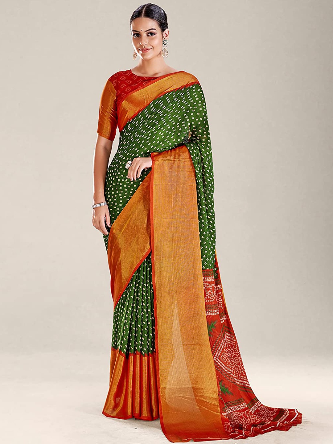 

KALINI Bandhani Printed Zari Silk Cotton Paithani Saree, Green