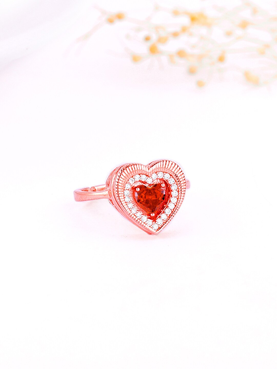 

GIVA 925 Sterling Silver Rose Gold-Plated Stone-Studded Heart Ring Adjustable Ring