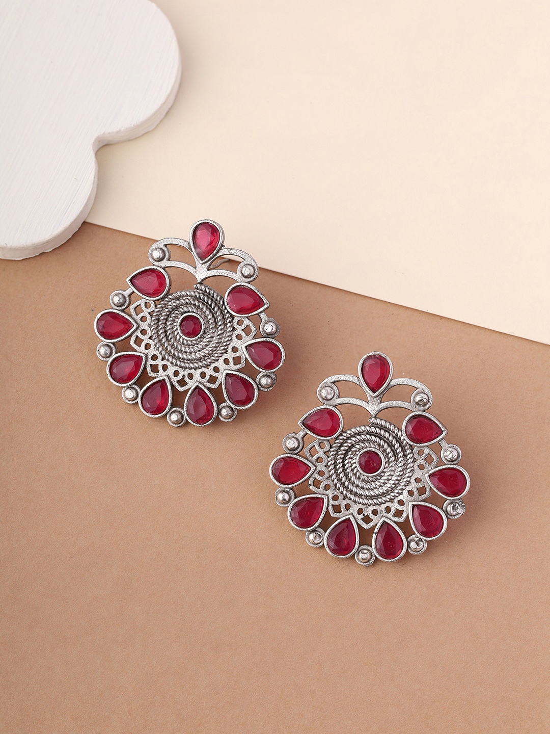 

Priyaasi Silver-Plated Stone Studded Oxidised Contemporary Studs Earrings, Red