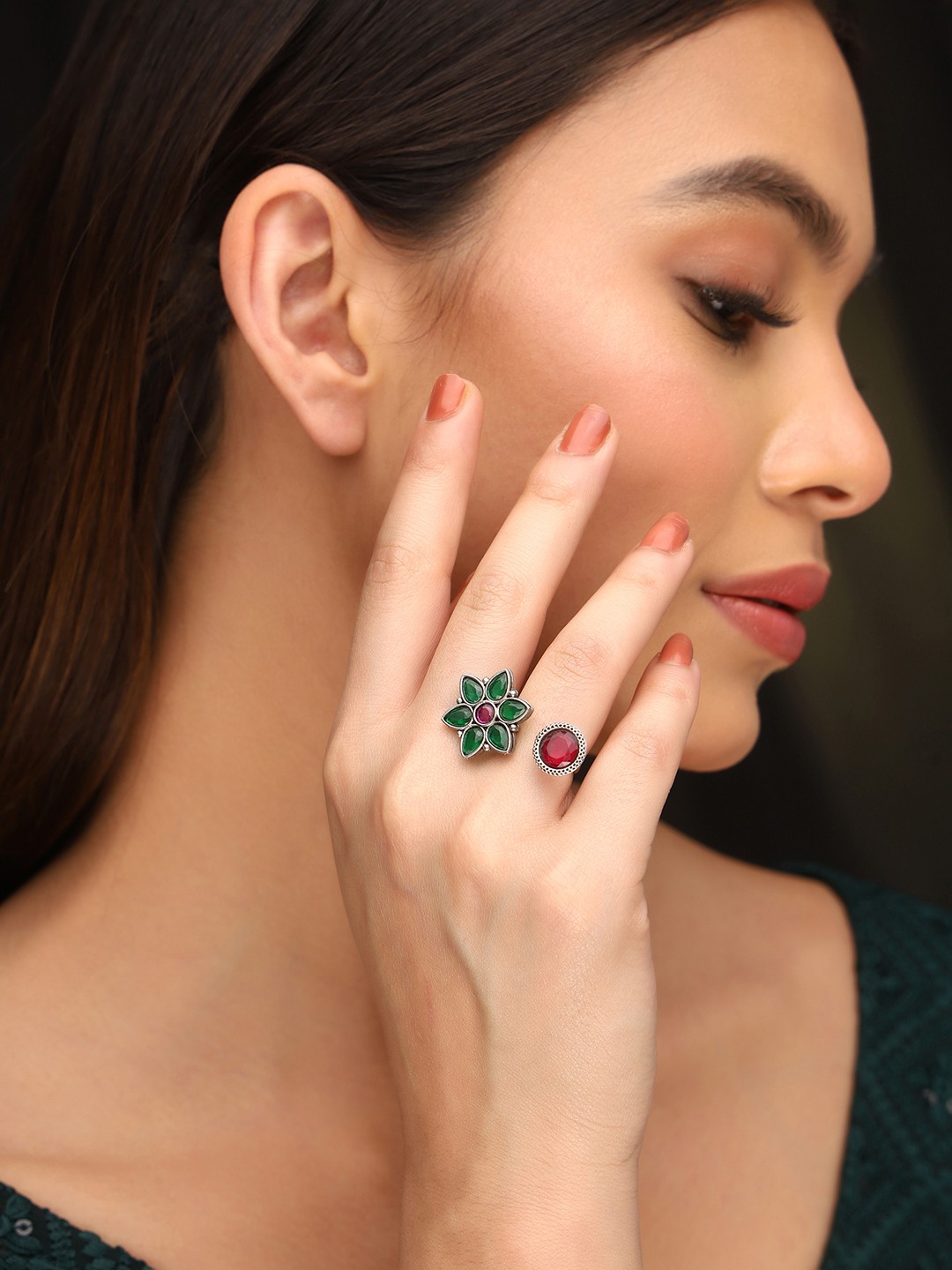 

Priyaasi Silver-Plated Artificial Stones Studded Enchanting Floral Adjustable Finger Ring, Green