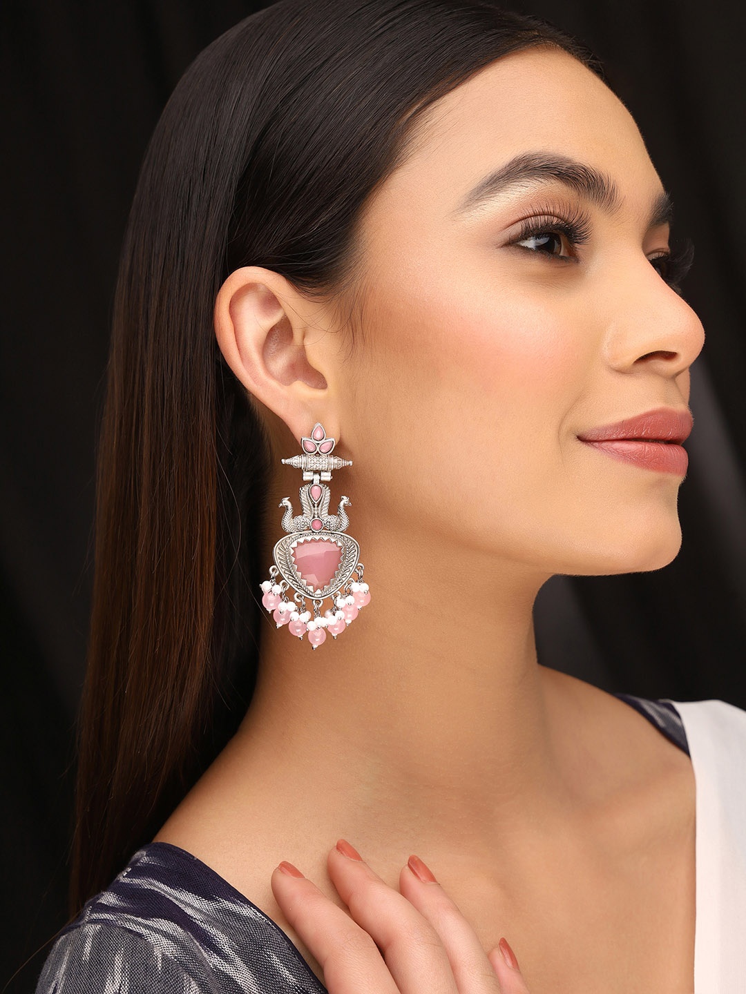

Priyaasi Silver-Plated Stone Studded Oxidised Peacock Shaped Drop Earrings, Pink