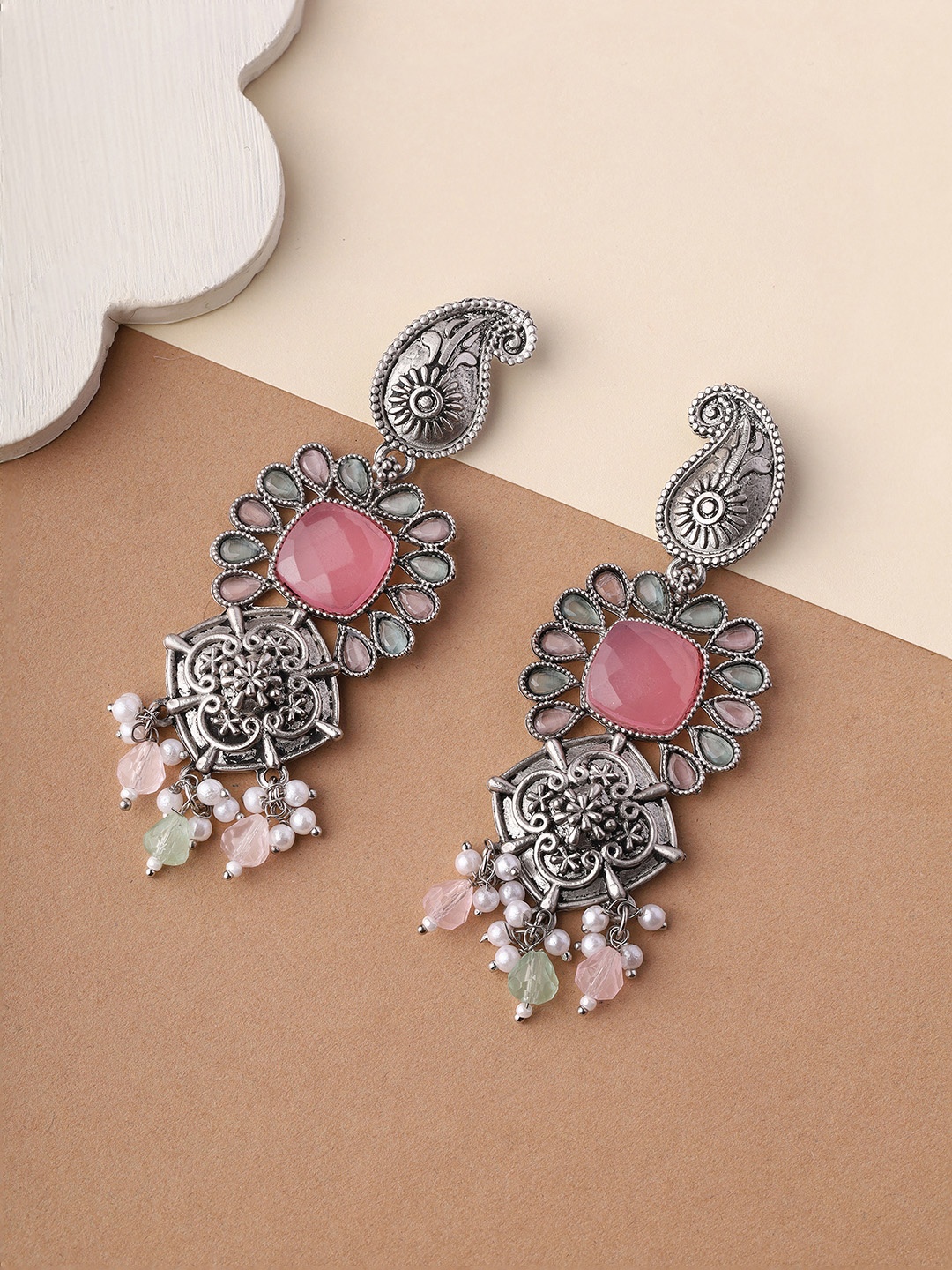 

Priyaasi Silver-Plated Stone Studded Oxidised Paisley Shaped Drop Earrings, Pink