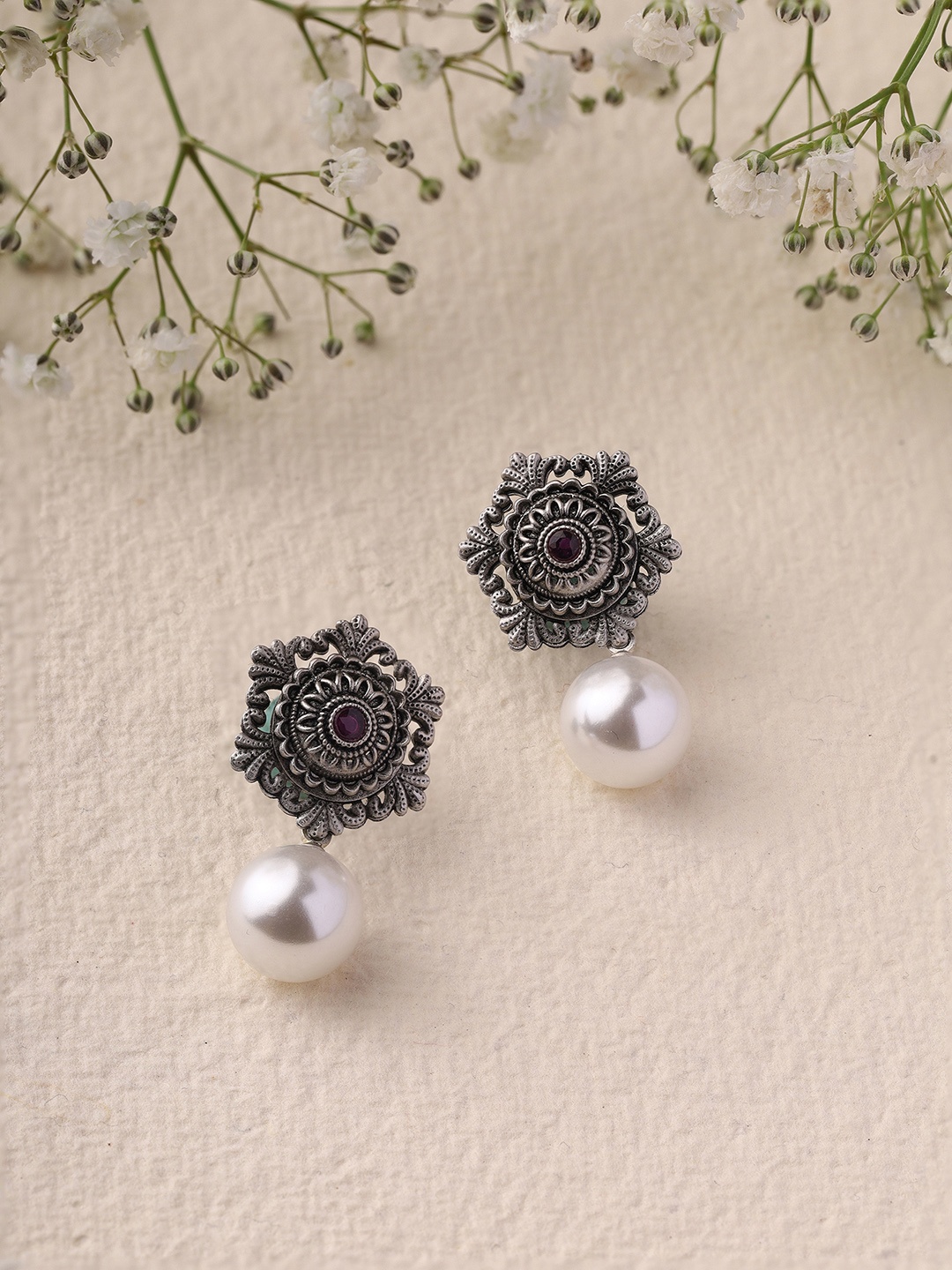 

Priyaasi Silver-Plated Pearl Beaded Oxidised Contemporary Drop Earrings