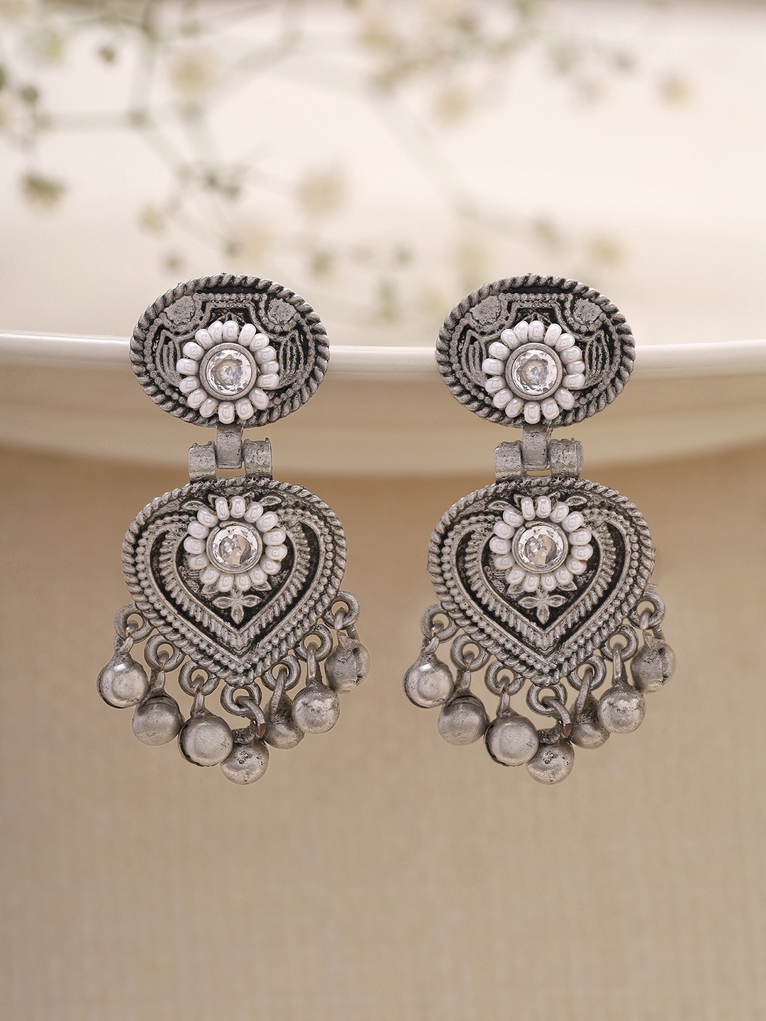 

Priyaasi Silver-Plated Contemporary Pearl Oxidised Drop Earrings