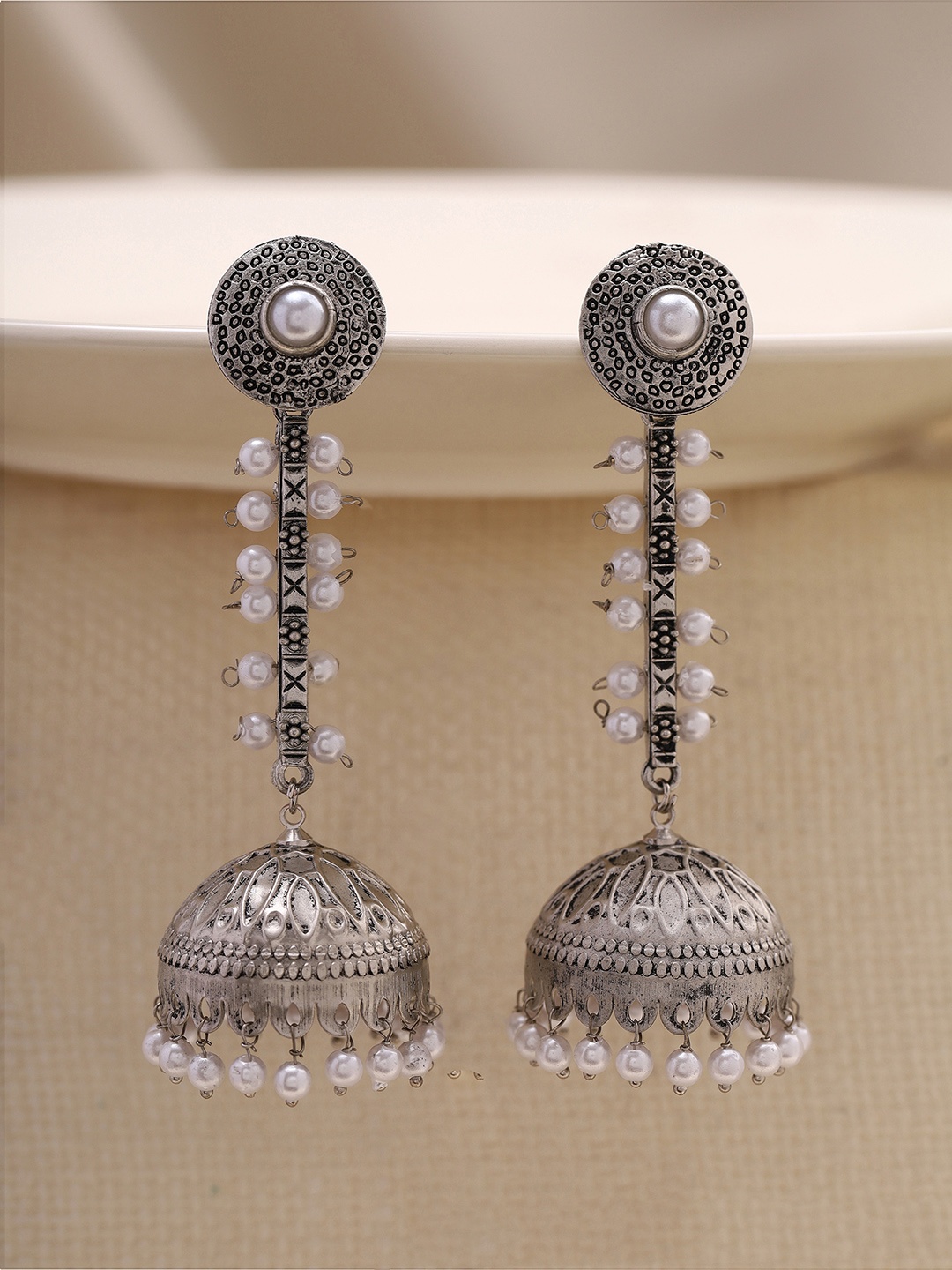 

Priyaasi Silver Plated Pearl Beaded Oxidized Contemporary Jhumkas