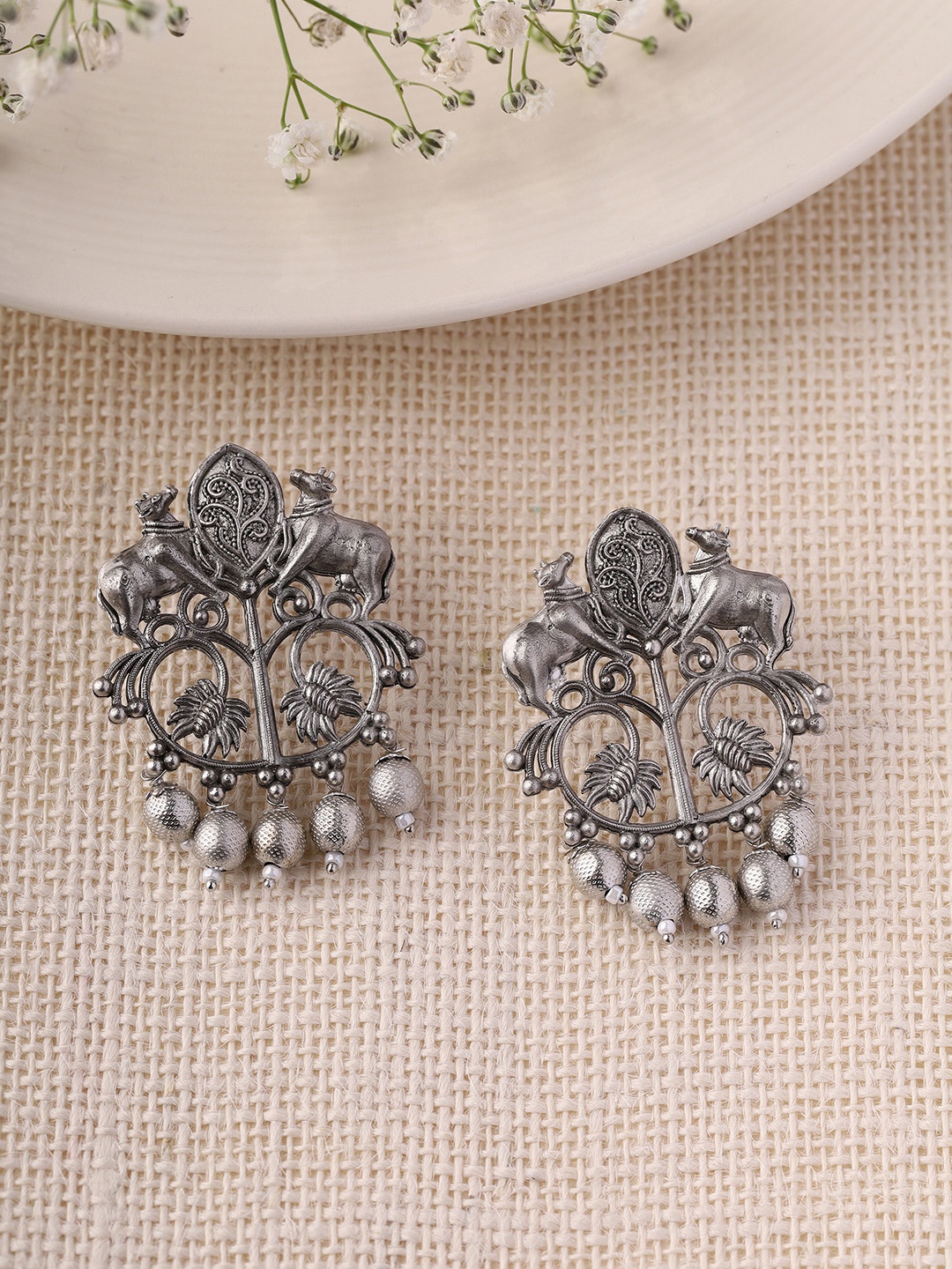 

Priyaasi Silver Plated Oxidised Contemporary Drop Earrings