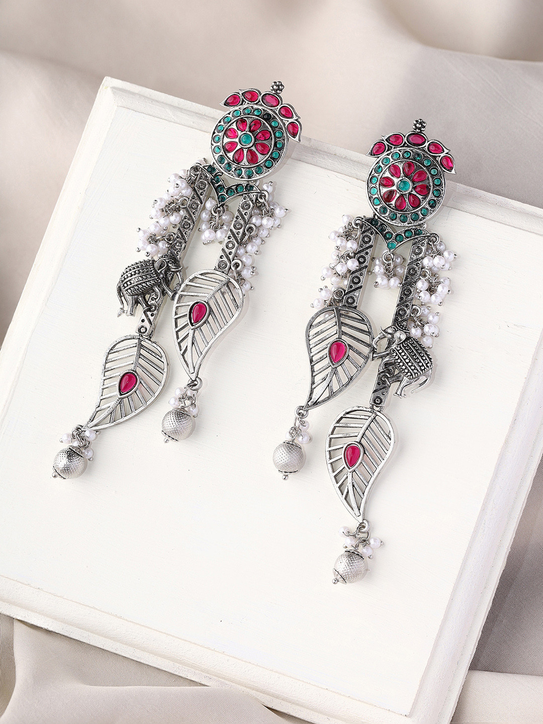 

Priyaasi Silver-Plated Oxidised Artificial Beads Studded Drop Earrings