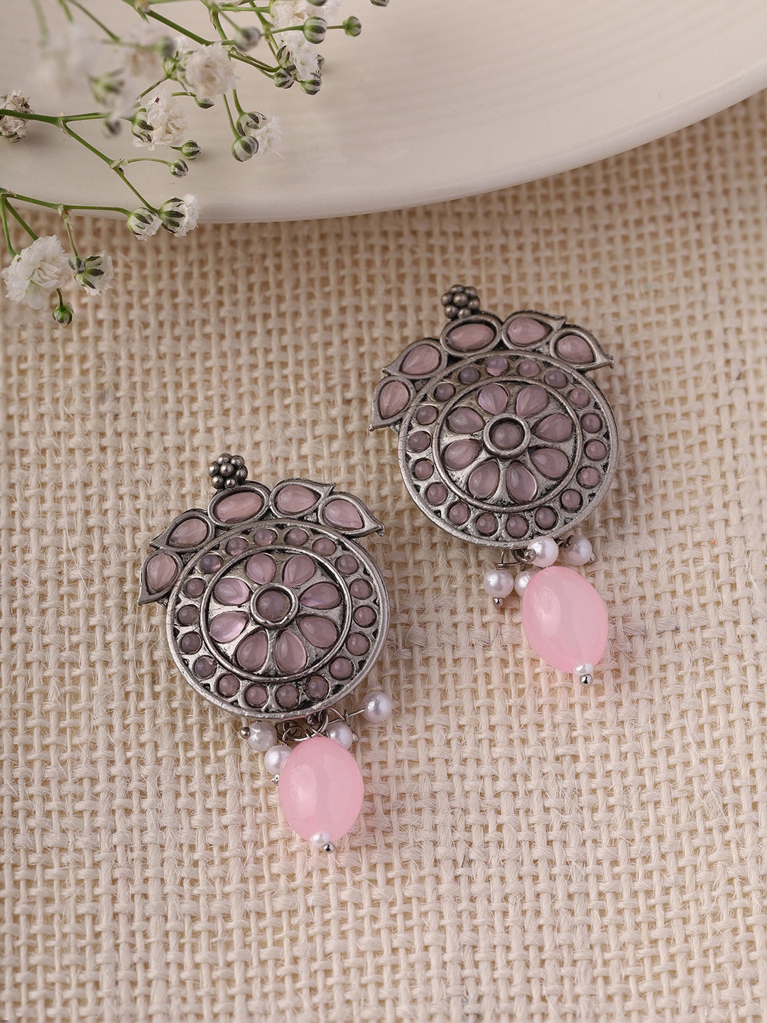 

Priyaasi Silver-Plated Oxidised Artificial Beads Studded Drop Earrings