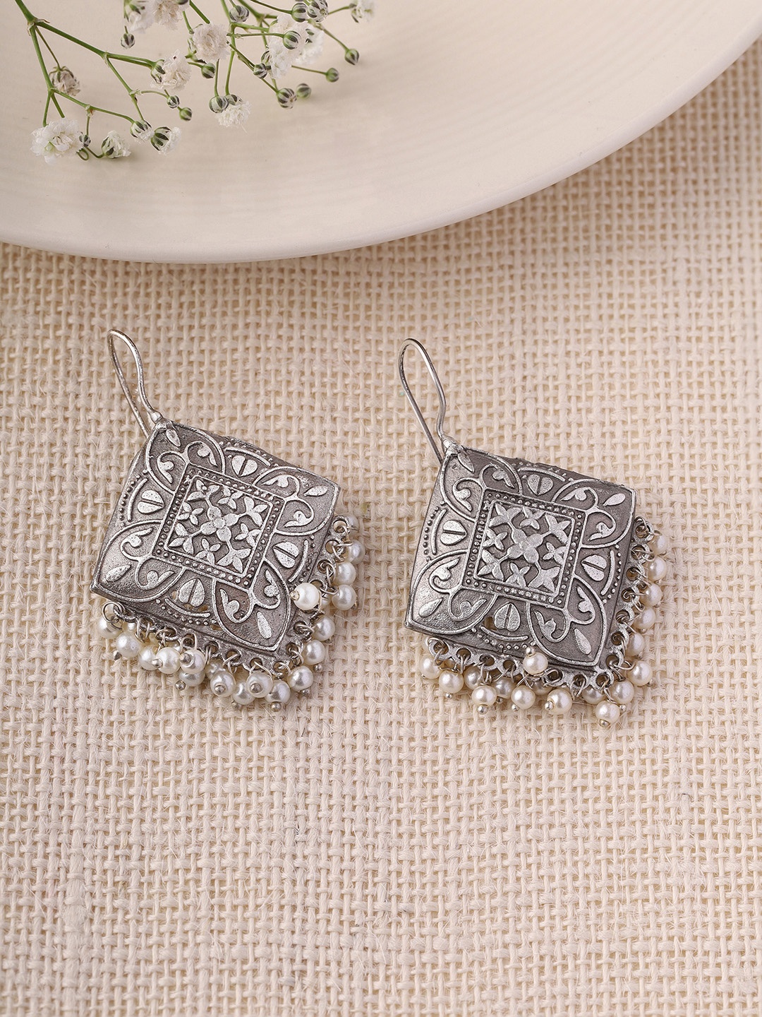 

Priyaasi Silver-Plated Oxidised Contemporary Drop Earrings
