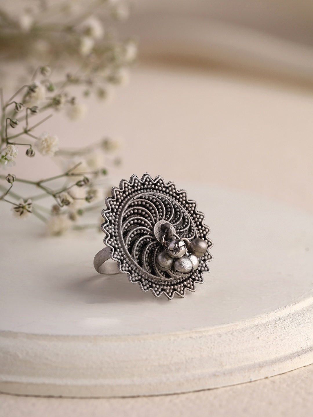 

Priyaasi Silver-Plated Oxidized Adjustable Finger Ring