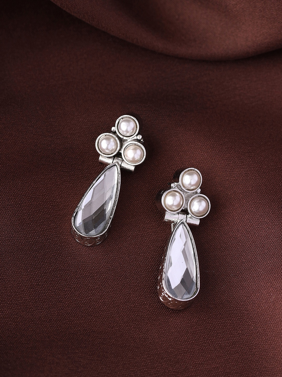 

Priyaasi Silver-Plated Crystal Studded Floral Drop Earrings
