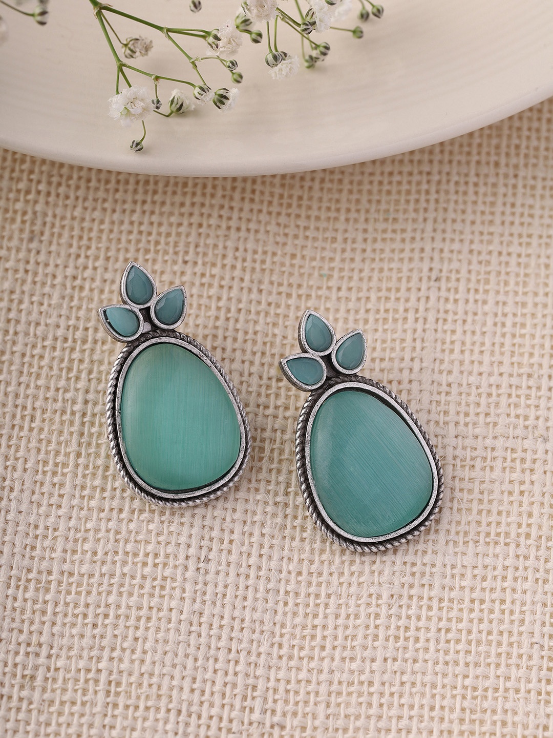 

Priyaasi Silver-Plated Artificial Stones Studded Floral Drop Earrings, Green