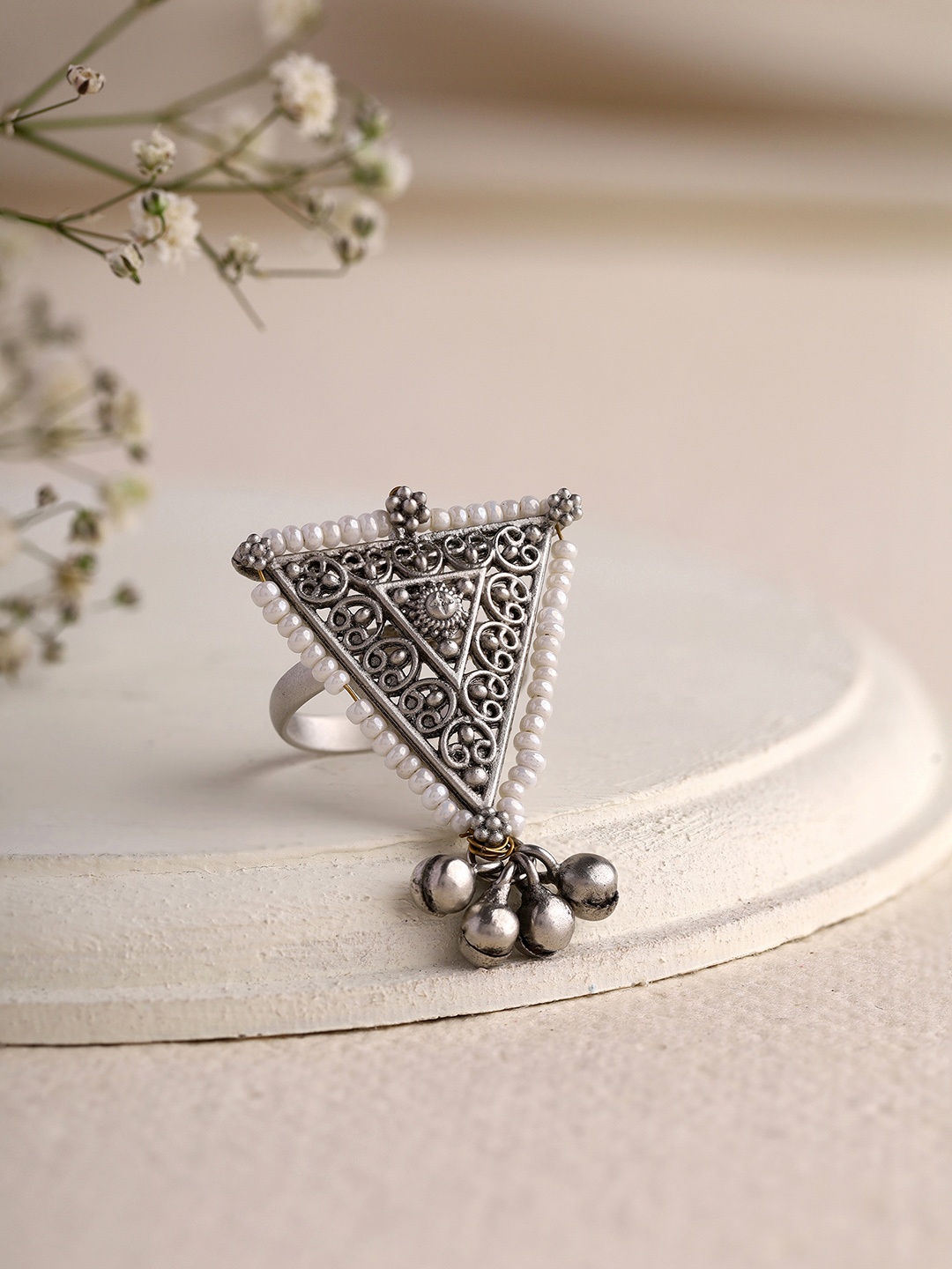 

Priyaasi Silver-Plated Beads-Beaded Triangle-Shaped Adjustable Finger Ring