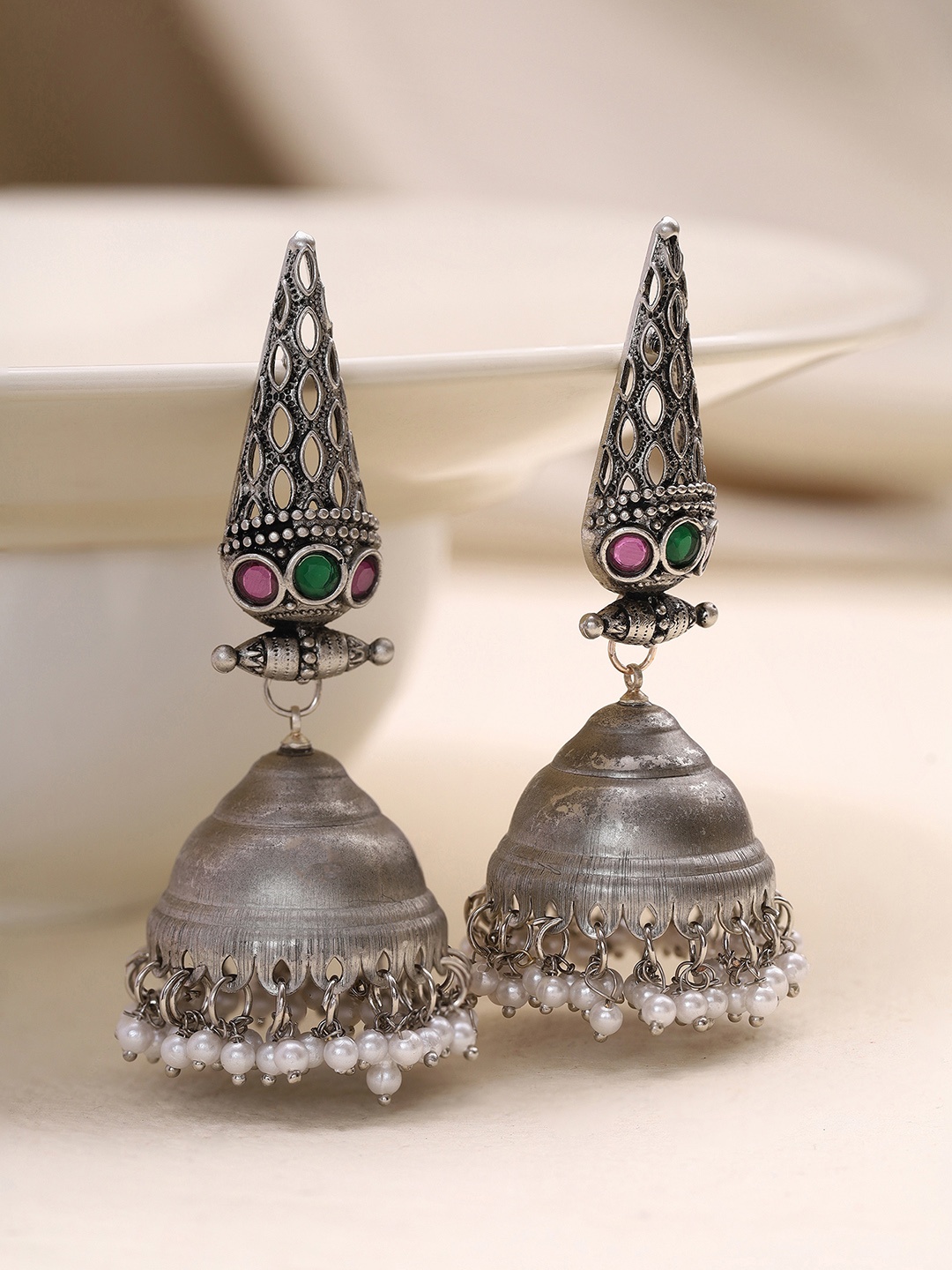 

Priyaasi Silver-Plated Oxidised Jhumkas
